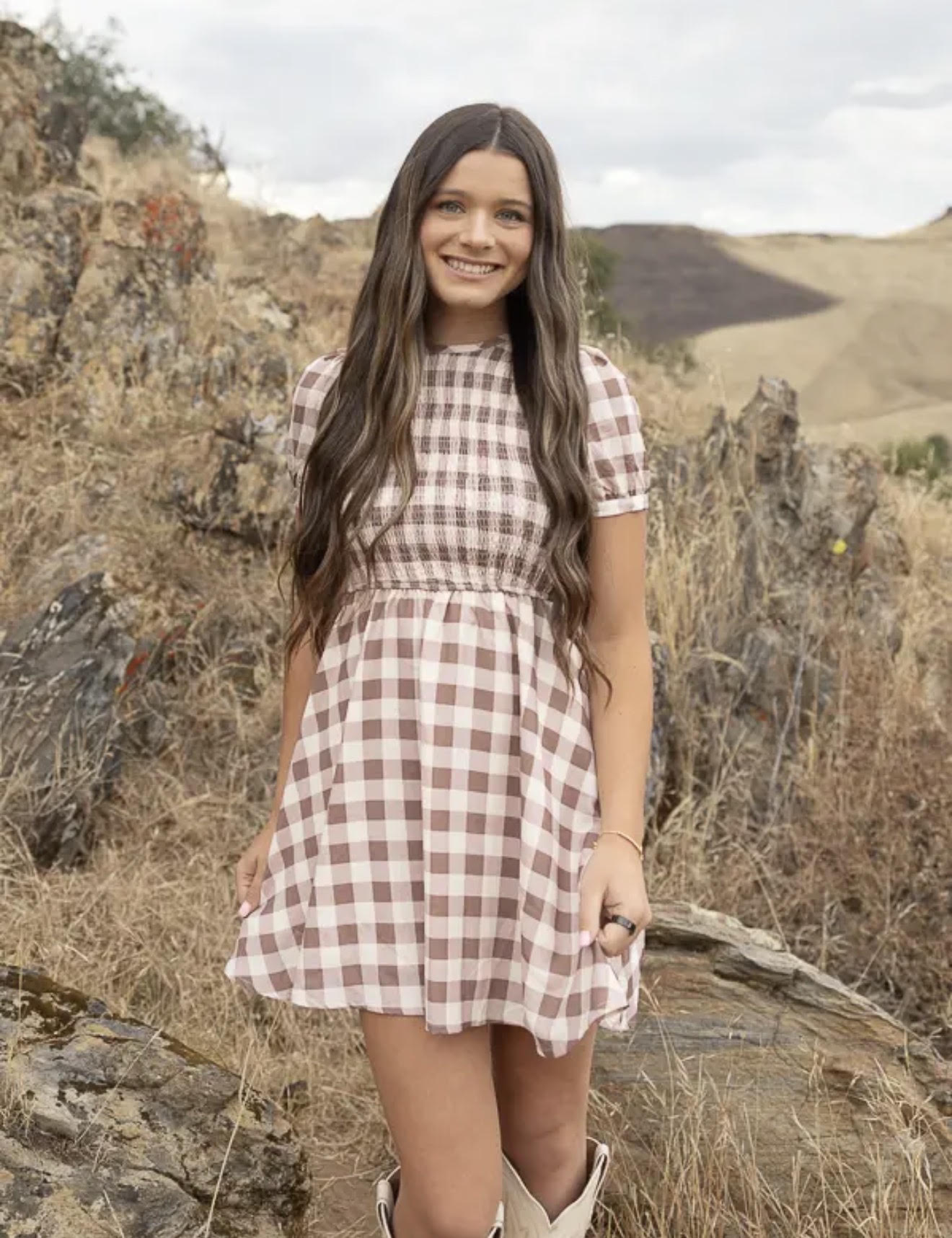 Hometown Honey Brown Gingham Dress